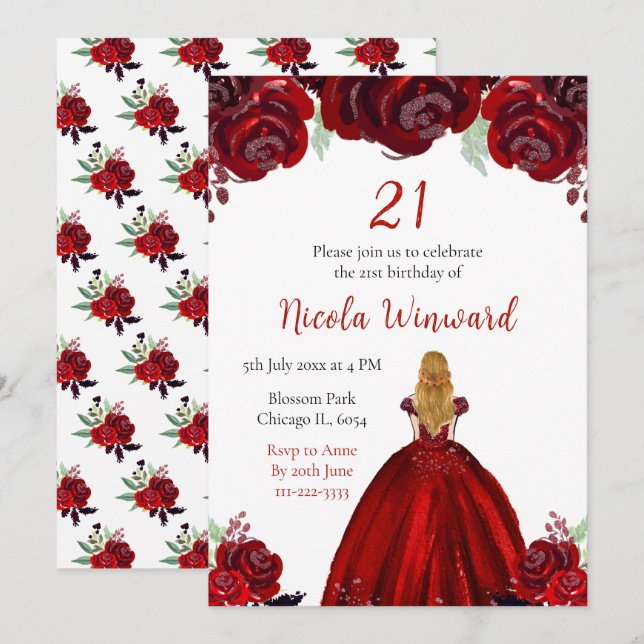 Invitation Blonde Hair Princess Red Floral Birthday Party (Devant / Derrière)