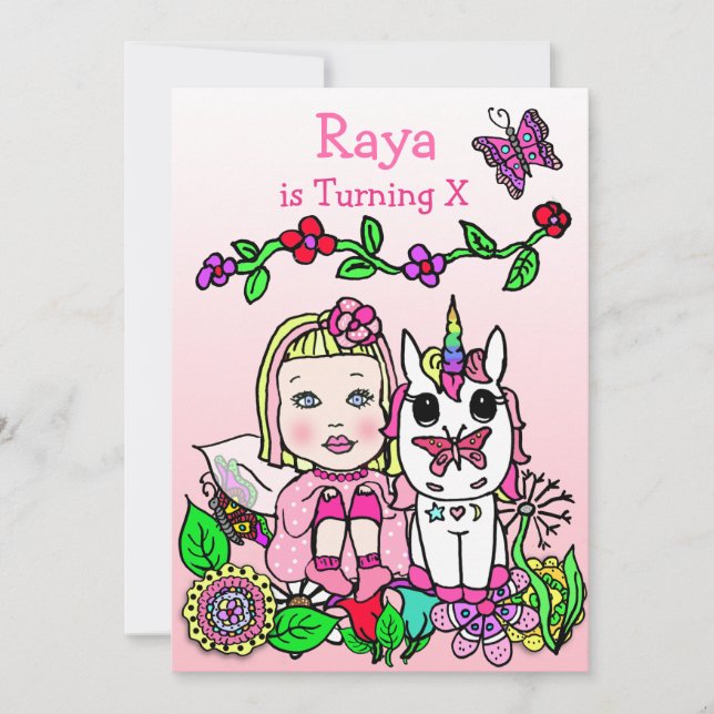Invitation Blonde Haired Fairy et Unicorn rose Anniversaire (Devant)