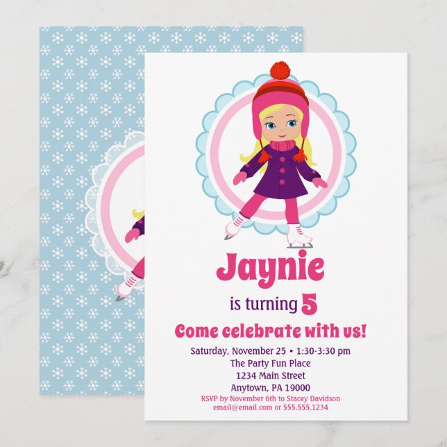 Invitation Blonde Patinage de glace fête d'anniversaire (Devant / Derrière)