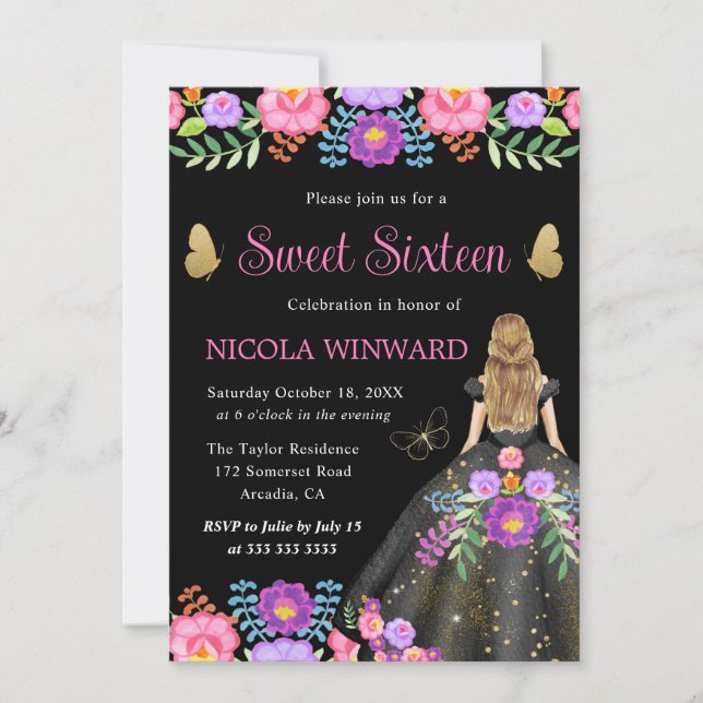 Invitation Blonde Princess Mexicaine Robe Florale Douce 16 (Devant)