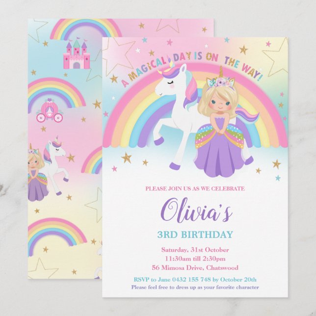 Invitation Blonde Princess Unicorn Anniversaire Party Rainbow (Devant / Derrière)
