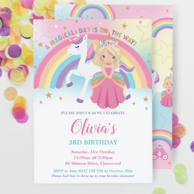 Invitation Blonde Princess Unicorne Anniversaire rose arc-en- (Créateur téléchargé)