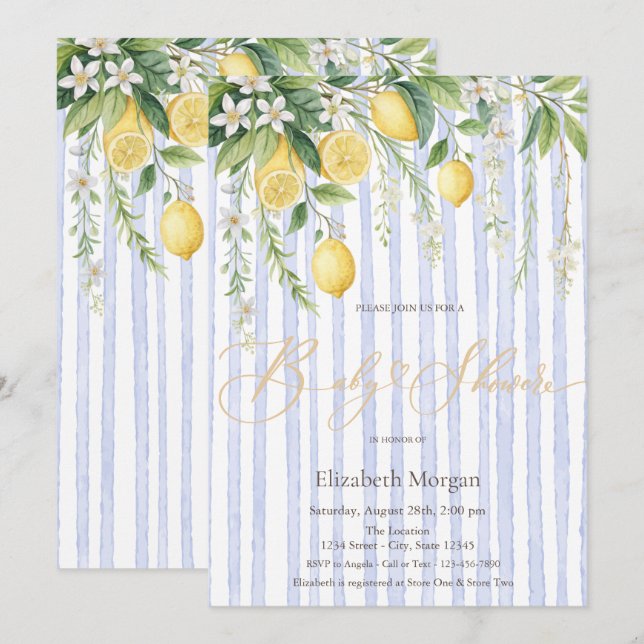 Invitation  Blooming Lemons Blue Striped Baby Shower (Devant / Derrière)