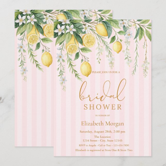Invitation  Blooming Lemons Pink Striped Bridal Shower (Devant / Derrière)
