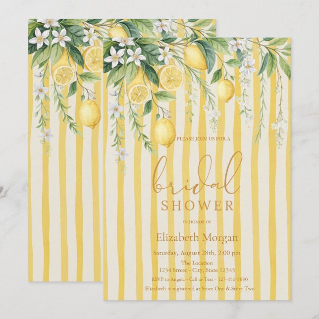Invitation  Blooming Lemons Yellow Striped Bridal Shower (Devant / Derrière)