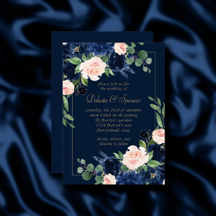 Invitation Blooms Chics   Floral bleu marine foncé et rose pâ
