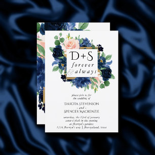 Invitation Blooms Chics Photo Monogramme bleu marine et bla