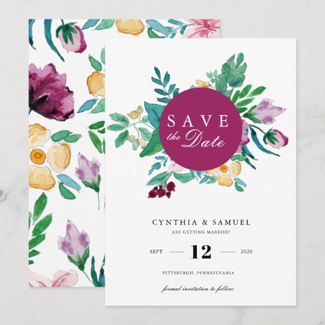 Invitation Blooms d'aquarelle modernes Enregistrer la date (Devant / Derrière)