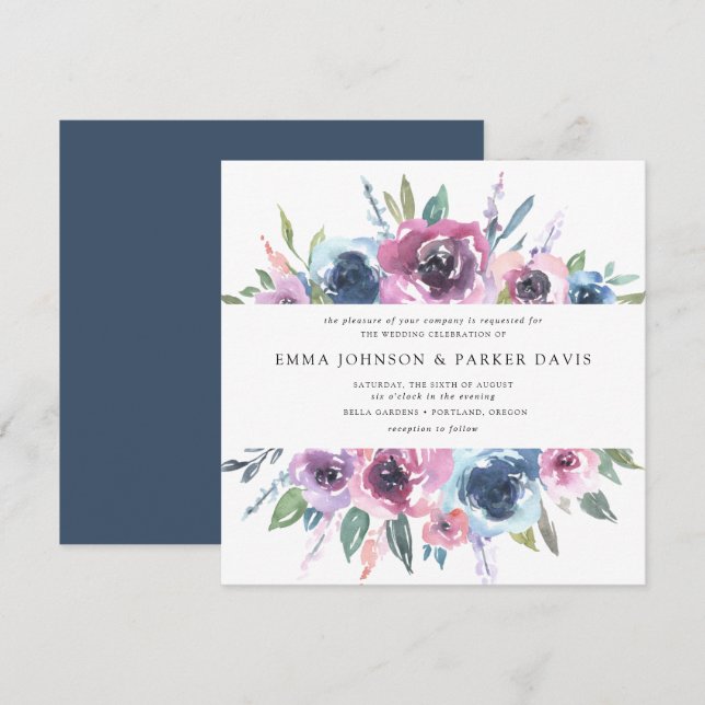 Invitation Blooms de minuit | Mariage floral pourpre et bleu (Devant / Derrière)