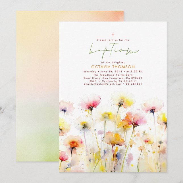 Invitation Blooms fleur sauvage Élégant Boho rose Baptême (Devant / Derrière)
