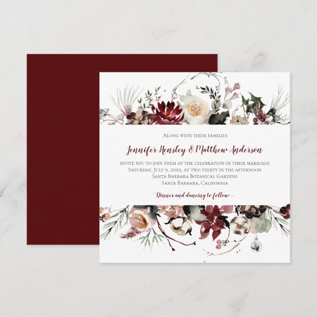 Invitation Blooms hivernaux - Bourgogne Mariage de texte | (Devant / Derrière)