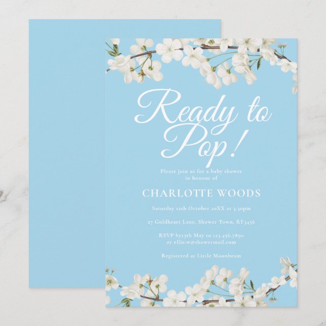 Invitation Blossom blanc prêt à saupoudrer Baby shower / Spri (Devant / Derrière)
