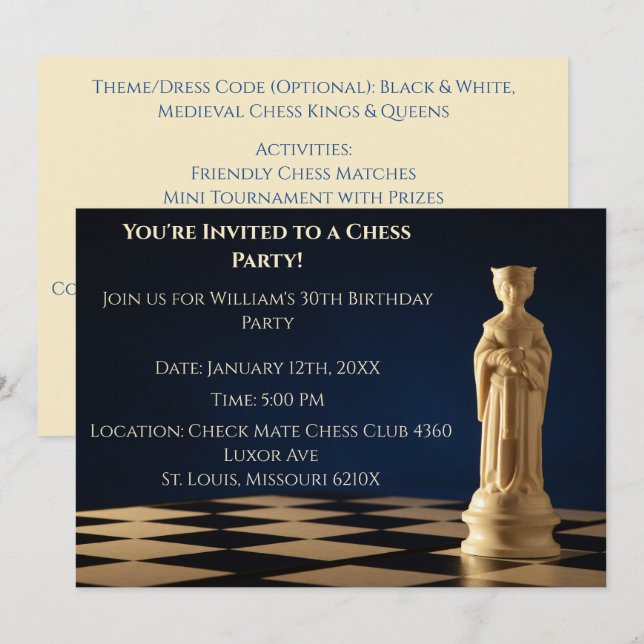 Invitation Blue 30th Birthday Party Chess Queen (Devant / Derrière)