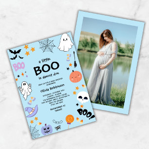 Invitation Blue A Little Boo Cute Photo Baby shower Halloween
