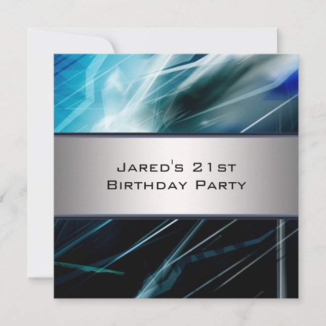Invitation Blue Abstrait Mans 21e fête d'anniversaire (Devant)