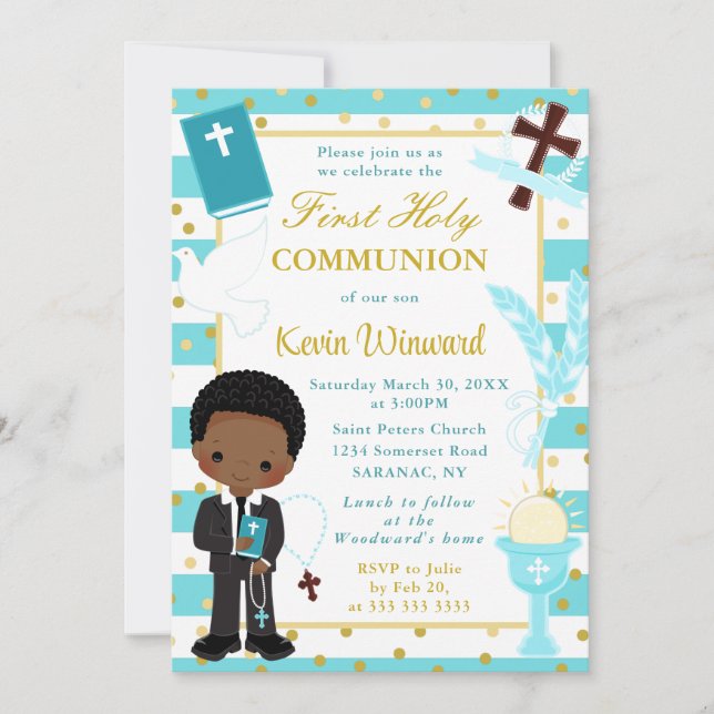Invitation Blue African American Boy First Holy Communion (Devant)