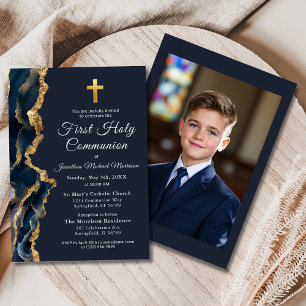 Invitation Blue Agate Gold First Holy Communion Photo