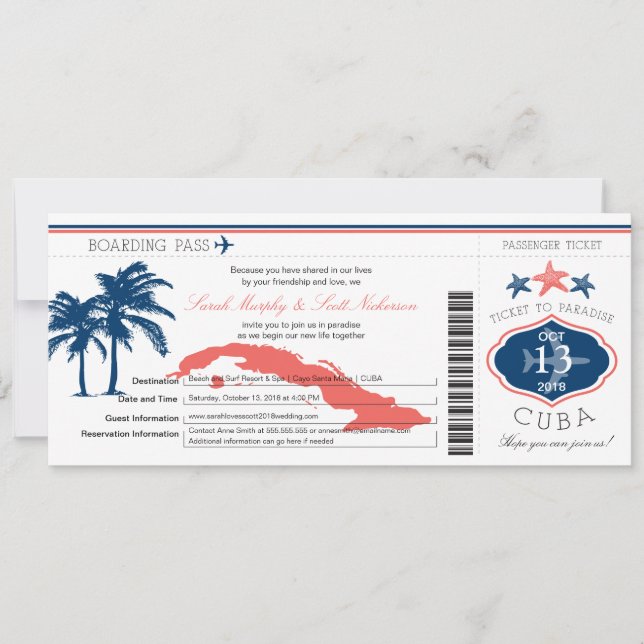 Invitation Blue and Coral Cuba Boararding Pass Palm Tree (Devant)