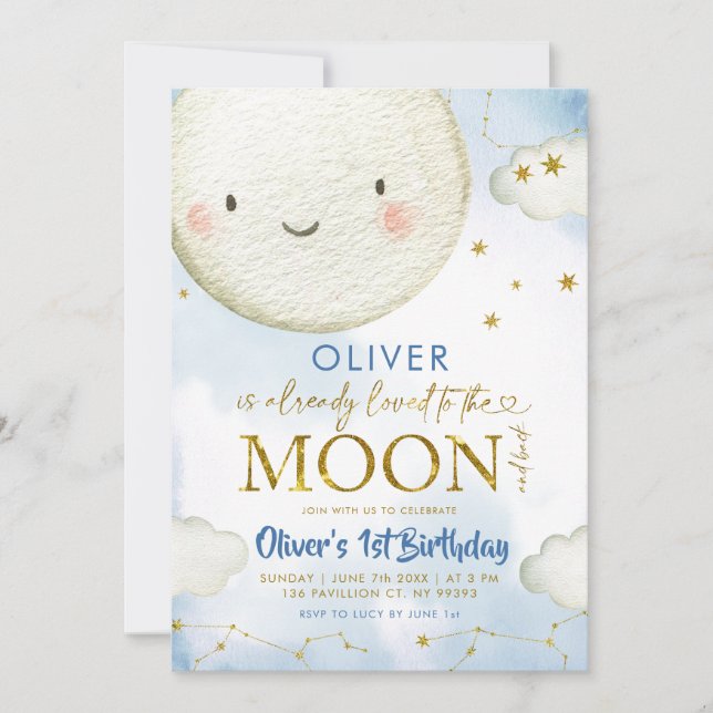Invitation Blue and Gold Boy Cute Moon Anniversaire (Devant)