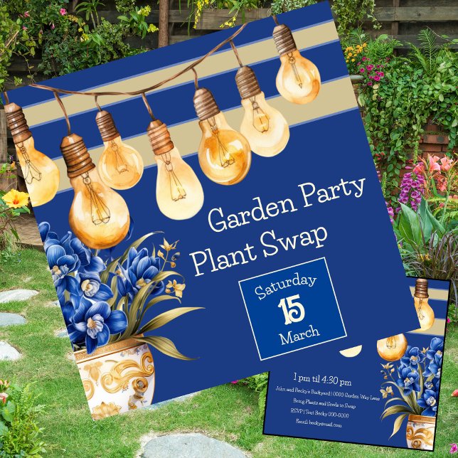 Invitation Blue and Gold Garden Party et Plante Swap (Garden party and plant swap party invitations in blue and gold with string lights. Personalize this.)