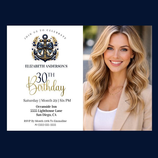 Invitation Blue and Gold Nautical Anchor 30th Birthday Photo (Navy and gold nautical anchor 30th birthday photo invitation with elegant coastal theme
)