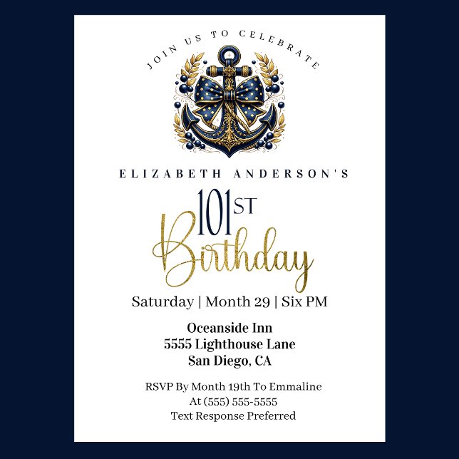 Invitation Blue and Gold Nautical Bow Anchor 101st Birthday (Blue and gold nautical 101st birthday invitation)