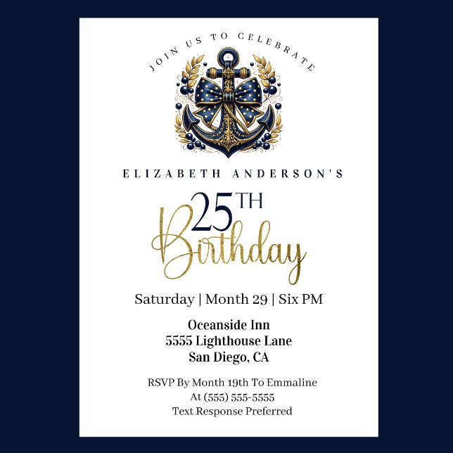 Invitation Blue and Gold Nautical Bow Anchor 25th Birthday (Blue and gold nautical anchor 25th birthday invitation)