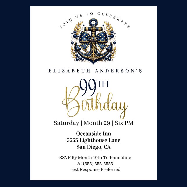 Invitation Blue and Gold Nautical Bow Anchor 99th Birthday (Blue and gold nautical 99th birthday invitation)