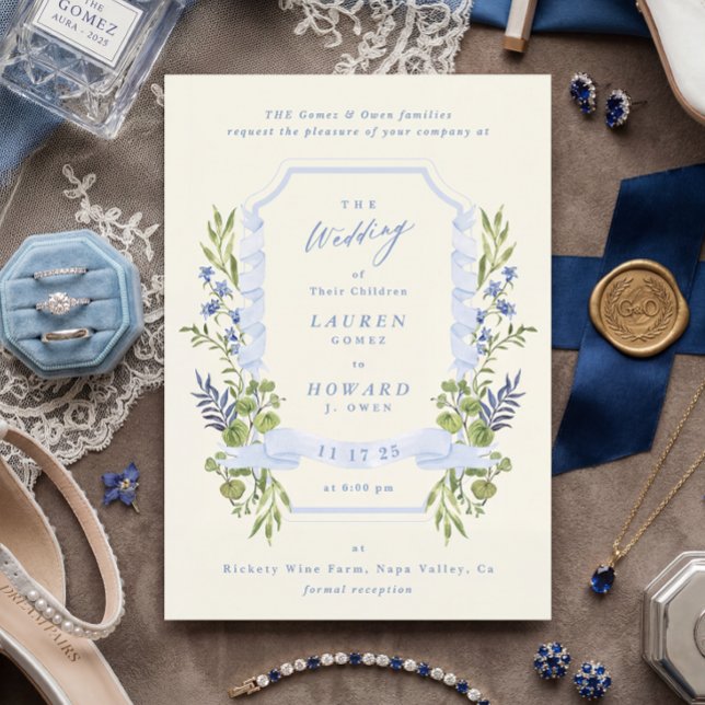 Invitation blue and greenery garden crest wreath wedding (Créateur téléchargé)