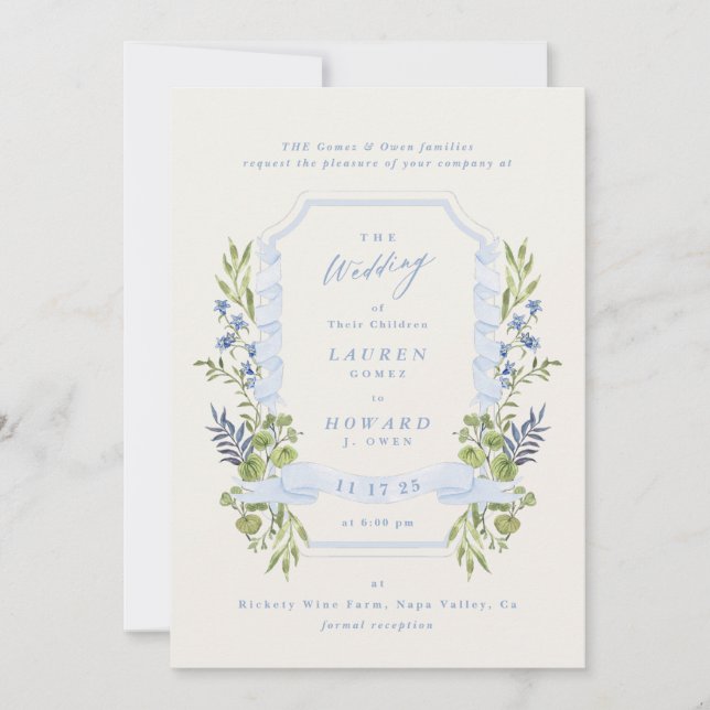 Invitation blue and greenery garden crest wreath wedding (Devant)