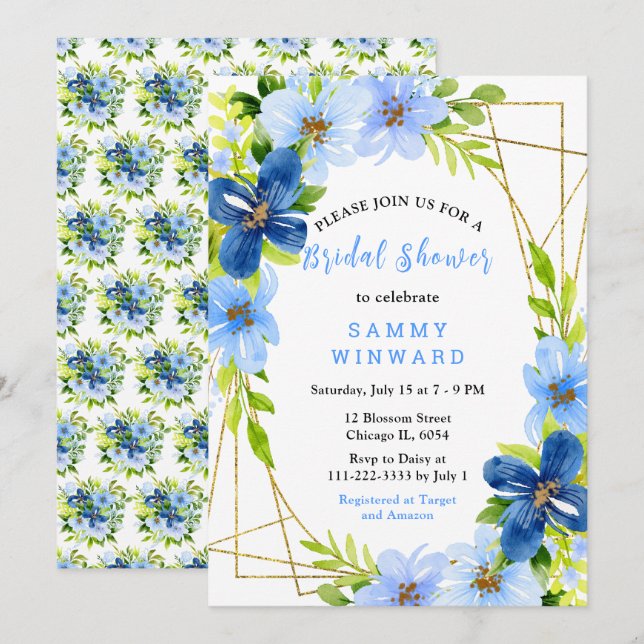 Invitation Blue and Navy Flowers with Foliage Bridal Shower (Devant / Derrière)