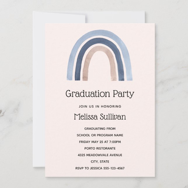Invitation Blue and Peach Rainbow Boho Design Graduation (Devant)