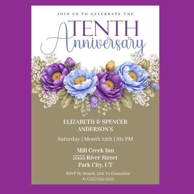 Invitation Blue and Purple Peony 10th Wedding Anniversary (Elegant blue and purple peony floral 10th wedding anniversary invitation)