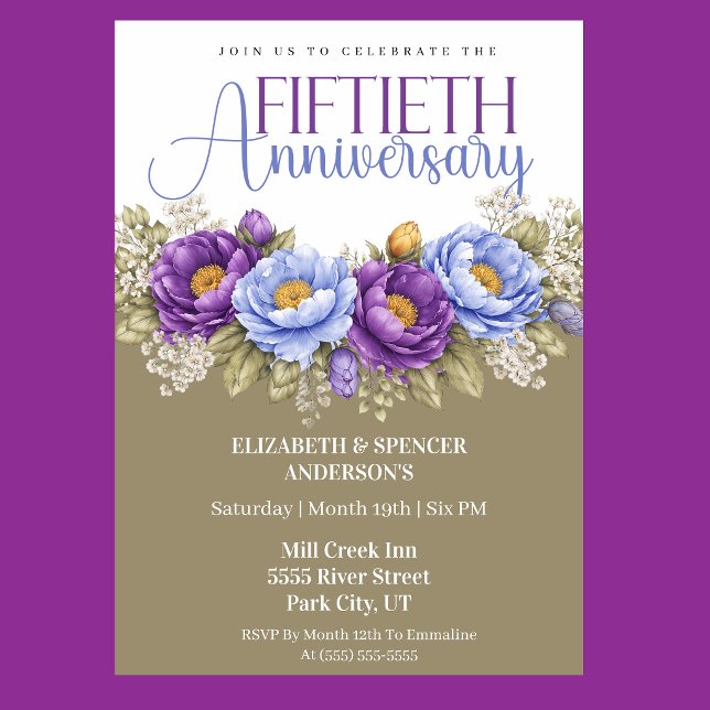 Invitation Blue and Purple Peony 50th Wedding Anniversary (Elegant blue and purple peony floral 50th wedding anniversary invitation)