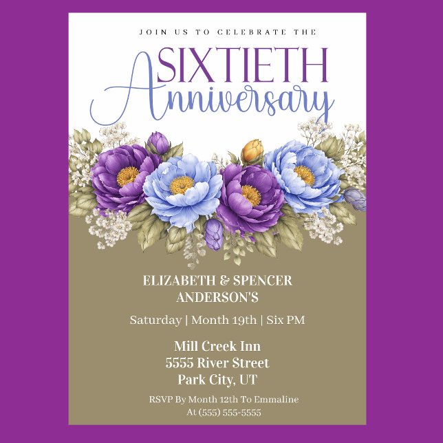 Invitation Blue and Purple Peony 60th Wedding Anniversary (Elegant blue and purple peony floral 60th wedding anniversary invitation)
