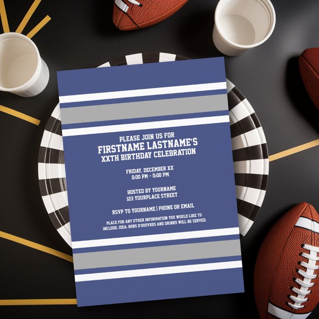 Invitation Blue and Silver Sports Jersey Nom personnalisé Num (Birthday Party Invitation - Sports Theme - Football Party Invitation)