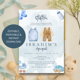 Invitation Blue and Tan Watercolor Baby Boy Aqeeqah inivite