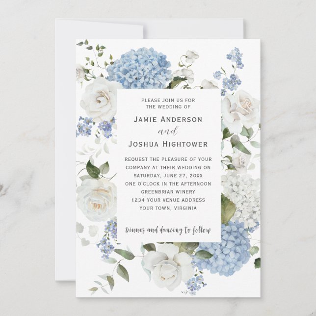 Invitation Blue and White Hydrangeas, White Roses Floral  (Devant)
