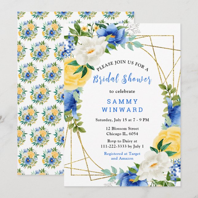 Invitation Blue and Yellow Flowers with Foliage Bridal Shower (Devant / Derrière)
