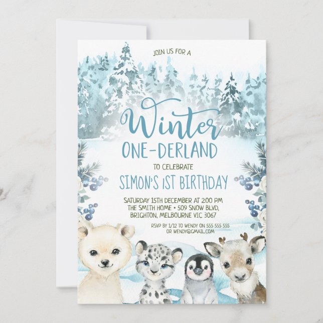 Invitation Blue Arctic Animal Hiver Onederland Anniversaire (Devant)