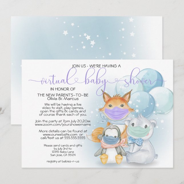 Invitation Blue Arctic Animaux dans les masques Baby shower v (Devant / Derrière)
