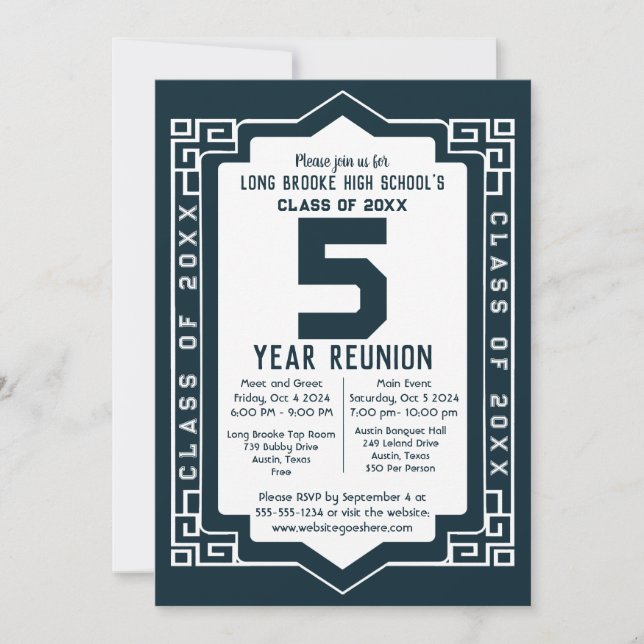 Invitation Blue Art Déco 5 Year High School Class Réunion (Devant)