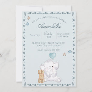 Invitation Blue Baby Boy Elephant and Balloon Watercolor