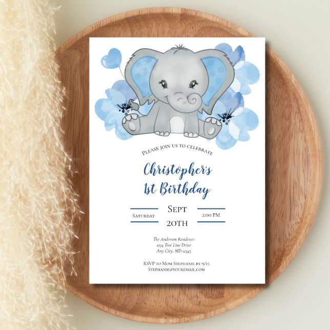 Invitation Blue Baby Boy Elephant Fleurs Ballons Anniversaire (Blue Gray Elephant Flowers Balloons Baby 1st Birthday Invitation, Printed or Digital Download)
