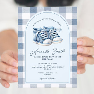 Invitation Blue Baby Chaussures En vichy Baby shower Boy Boot