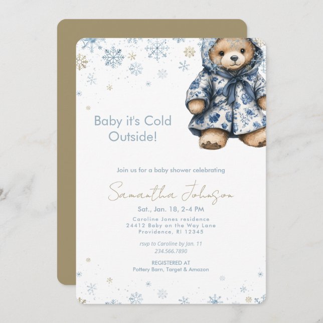 Invitation Blue Baby It's Cold Outside Teddy Bear (Devant / Derrière)