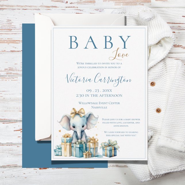 Invitation Blue Baby Love Elephant Aquarelle Baby shower (Créateur téléchargé)