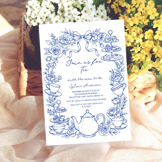 Invitation blue baby shower tea bow Hand Drawn coquette (Créateur téléchargé)