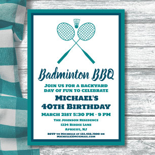 Invitation Blue Badminton BBQ Party Sports Anniversaire