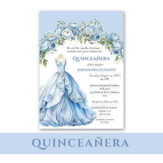Invitation Blue Ball Gown Blue Floral Quinceañera | 